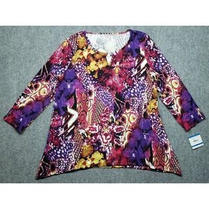 Anne Klein Sport Blouse Womens XL Cabaret Multicolor Round Neck Long Sleeve New